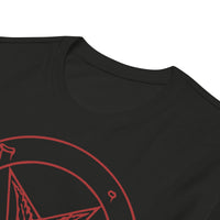 Red Sigil of Baphomet design on slim-fit long sleeve shirt, detail view