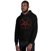 Red Sigil of Baphomet design on unisex hoodie, front view