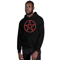 Red Wiccan Pentagram design on unisex hoodie, front view