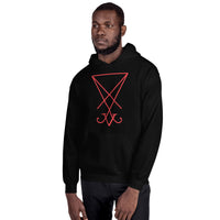Red Sigil of Lucifer design on unisex hoodie, front view