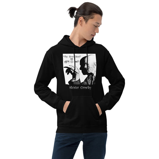 Aleister Crowley design on unisex hoodie, front view