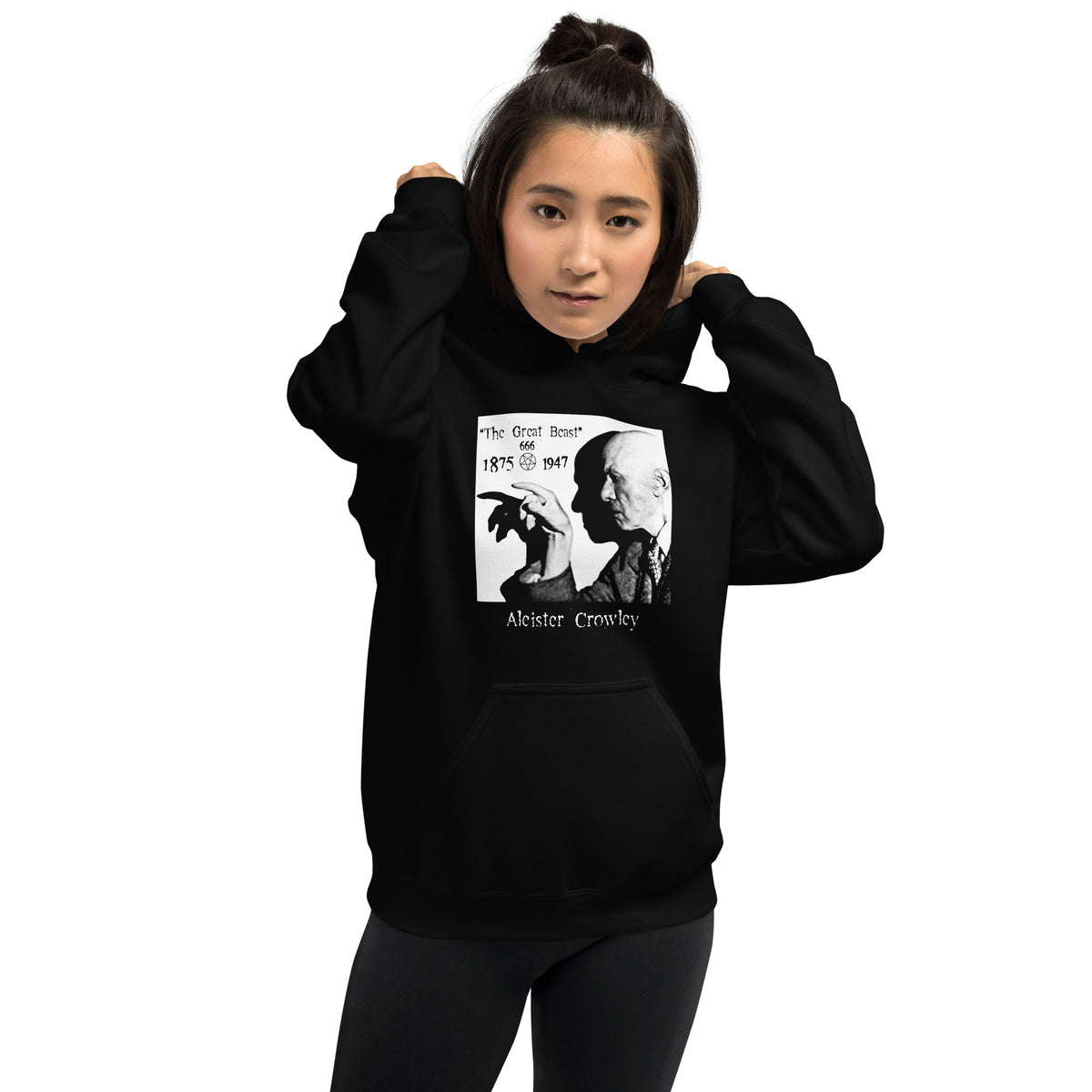 Aleister Crowley design on unisex hoodie, front view