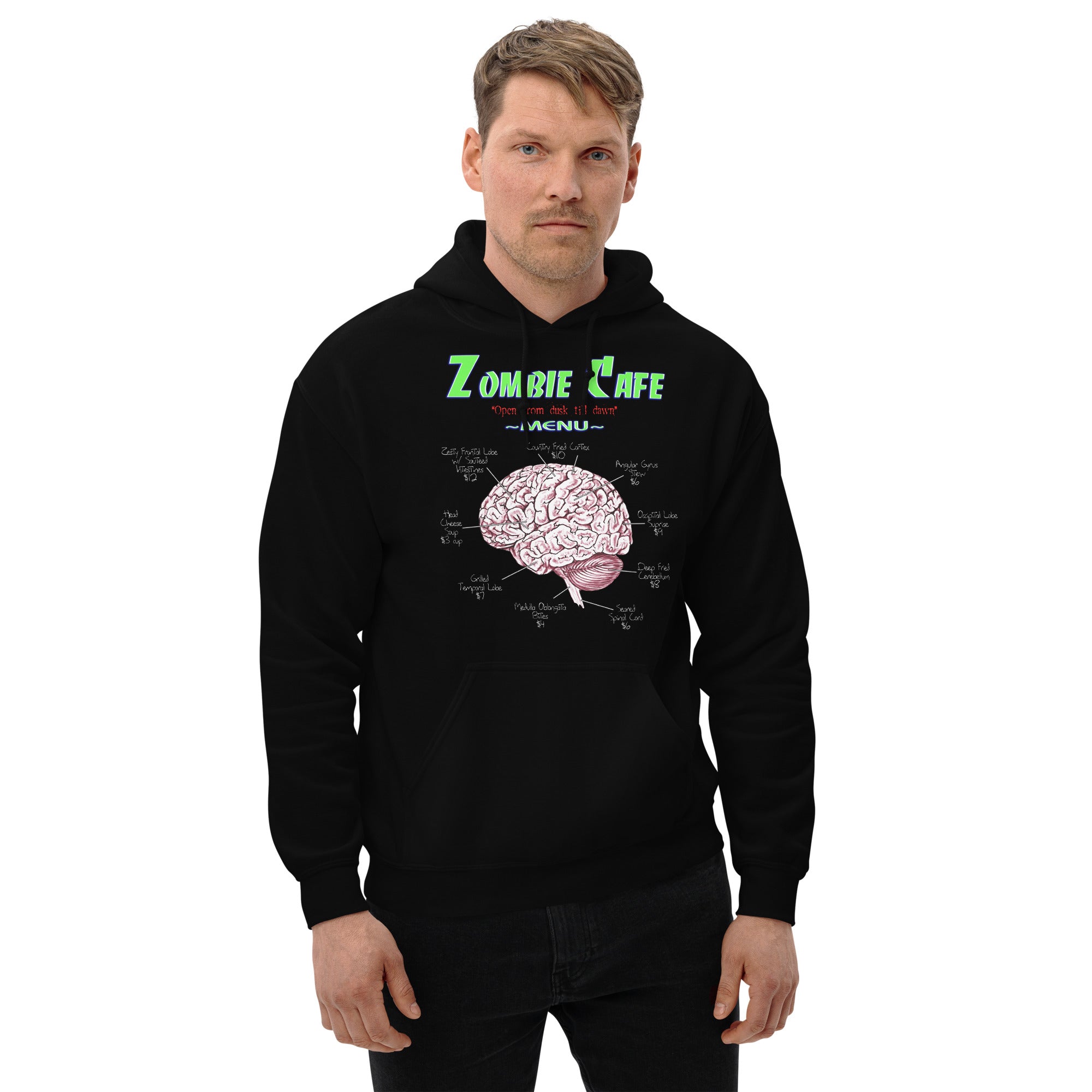 Zombie Cafe Brains Menu Horror Men's Hoodie Sweatshirt - Edge of Life Designs