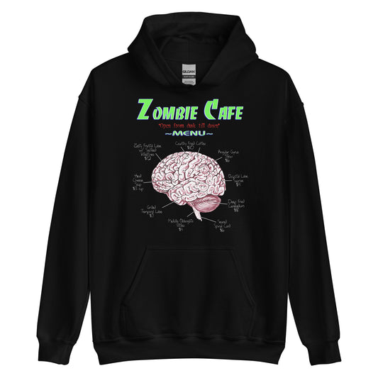 Zombie Cafe Brains Menu design on unisex hoodie, front view