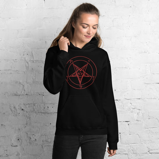 Red Sigil of Baphomet design on unisex hoodie, front view