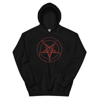 Red Sigil of Baphomet design on unisex hoodie, front view