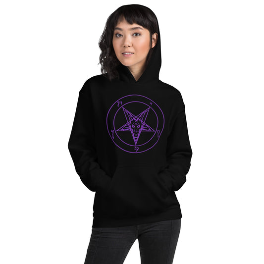 Purple Sigil of Baphomet design on unisex hoodie, front view