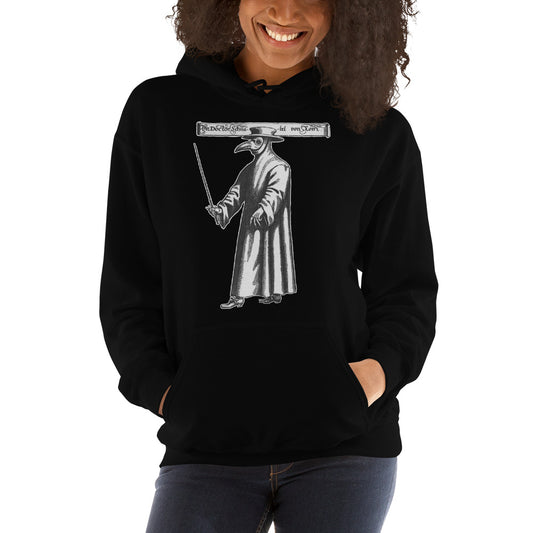 Historical Plague Doctor design on unisex hoodie, front view