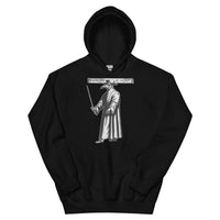 Historical Plague Doctor design on unisex hoodie, front view