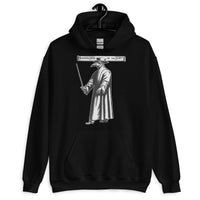 Historical Plague Doctor design on unisex hoodie, front view