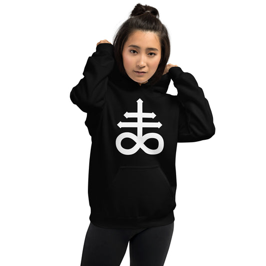 White Leviathan Cross design on unisex hoodie, front view