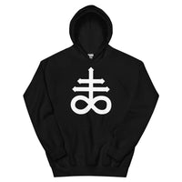 White Leviathan Cross design on unisex hoodie, front view