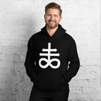 White Leviathan Cross design on unisex hoodie, front view
