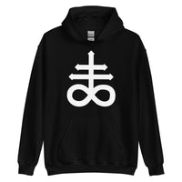 White Leviathan Cross design on unisex hoodie, front view