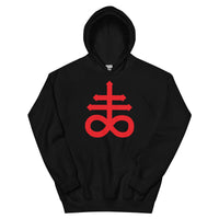Red Leviathan Cross design on unisex hoodie, front view