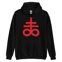 Red Leviathan Cross design on unisex hoodie, front view