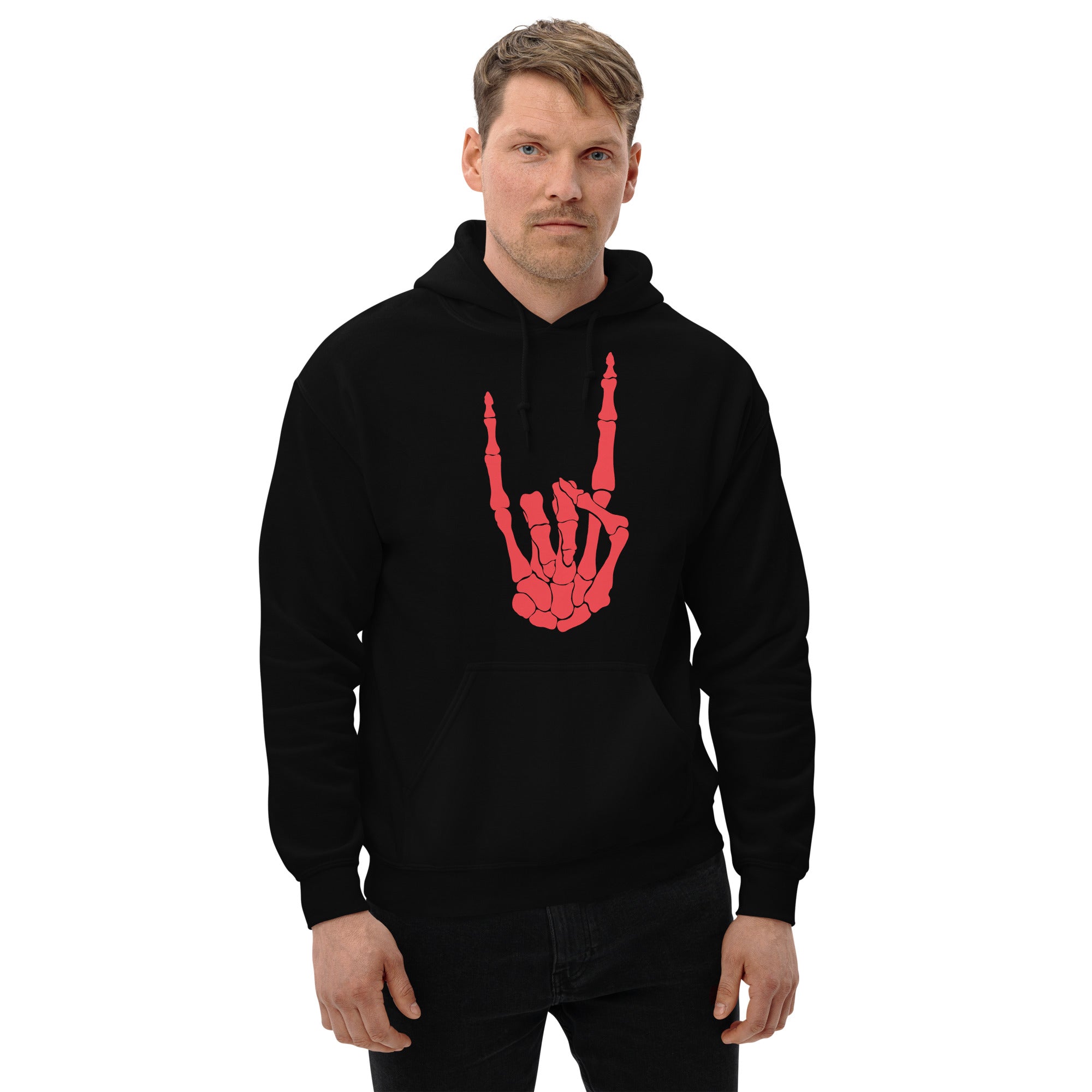 Devil Bone Hand Heavy Metal Horns Up Sign Unisex Hoodie Sweatshirt Red Print - Edge of Life Designs