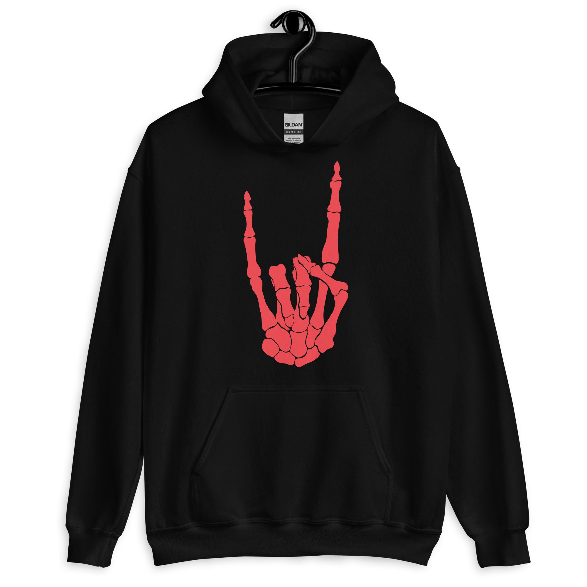Devil Bone Hand Heavy Metal Horns Up Sign Unisex Hoodie Sweatshirt Red Print - Edge of Life Designs