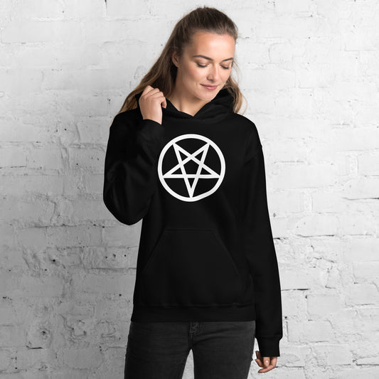 White Inverted Pentagram design on unisex hoodie, front view