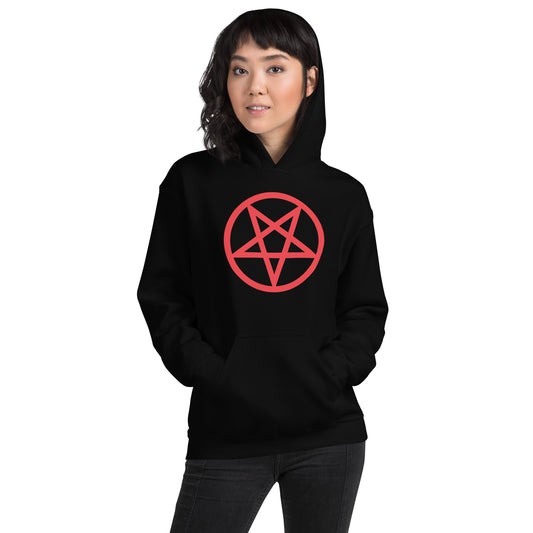Red Inverted Pentagram design on unisex hoodie, front view