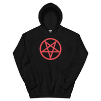 Red Inverted Pentagram design on unisex hoodie, front view