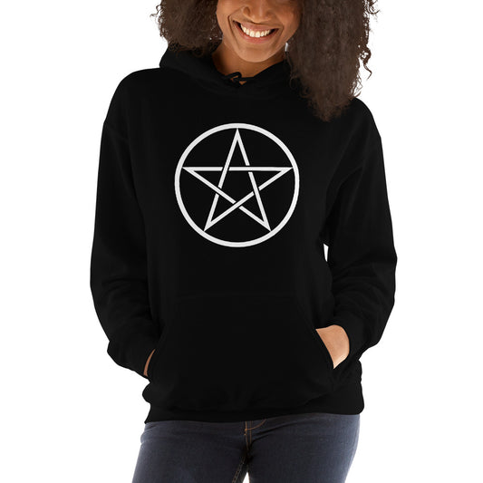 White Wiccan Pentagram design on unisex hoodie, front view
