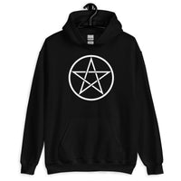 White Wiccan Pentagram design on unisex hoodie, front view