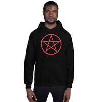 Red Wiccan Pentagram design on unisex hoodie, front view