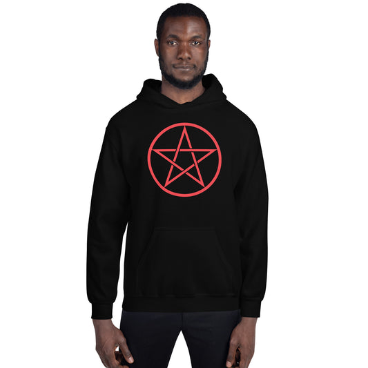 Red Wiccan Pentagram design on unisex hoodie, front view