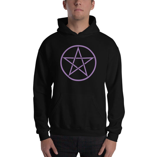 Purple Wiccan Pentagram design on unisex hoodie, front view