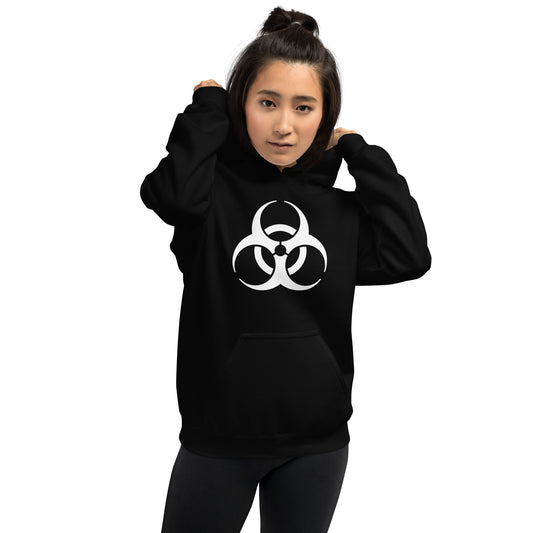 White Biohazard Symbol design on unisex hoodie, front view