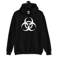 White Biohazard Symbol design on unisex hoodie, front view