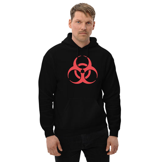 Red Biohazard Symbol design on unisex hoodie, front view