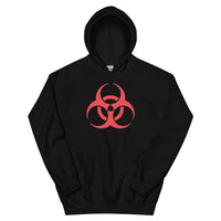 Red Biohazard Symbol design on unisex hoodie, front view