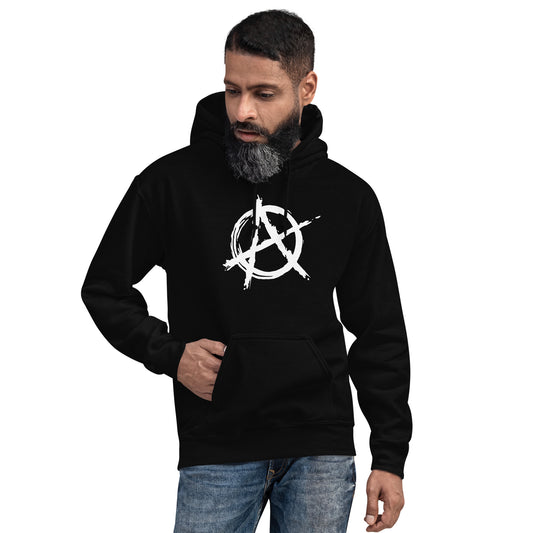 White Anarchy Symbol design on unisex hoodie, front view
