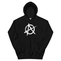 White Anarchy Symbol design on unisex hoodie, front view