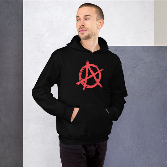 Red Anarchy Symbol design on unisex hoodie, front view