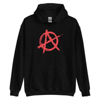 Red Anarchy Symbol design on unisex hoodie, front view