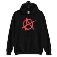 Red Anarchy Symbol design on unisex hoodie, front view
