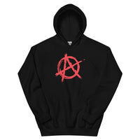 Red Anarchy Symbol design on unisex hoodie, front view