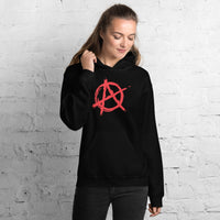 Red Anarchy Symbol design on unisex hoodie, front view