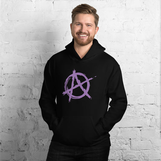 Purple Anarchy Symbol design on unisex hoodie, front view