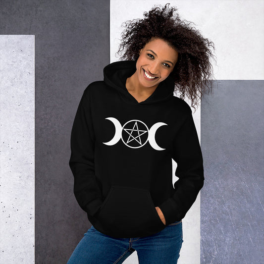 White Triple Moon Goddess design on unisex hoodie, front view