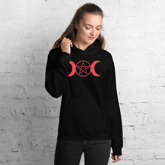 Red Triple Moon Goddess design on unisex hoodie, front view