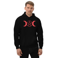 Red Triple Moon Goddess design on unisex hoodie, front view