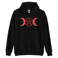 Red Triple Moon Goddess design on unisex hoodie, front view