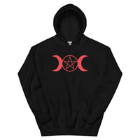Red Triple Moon Goddess design on unisex hoodie, front view
