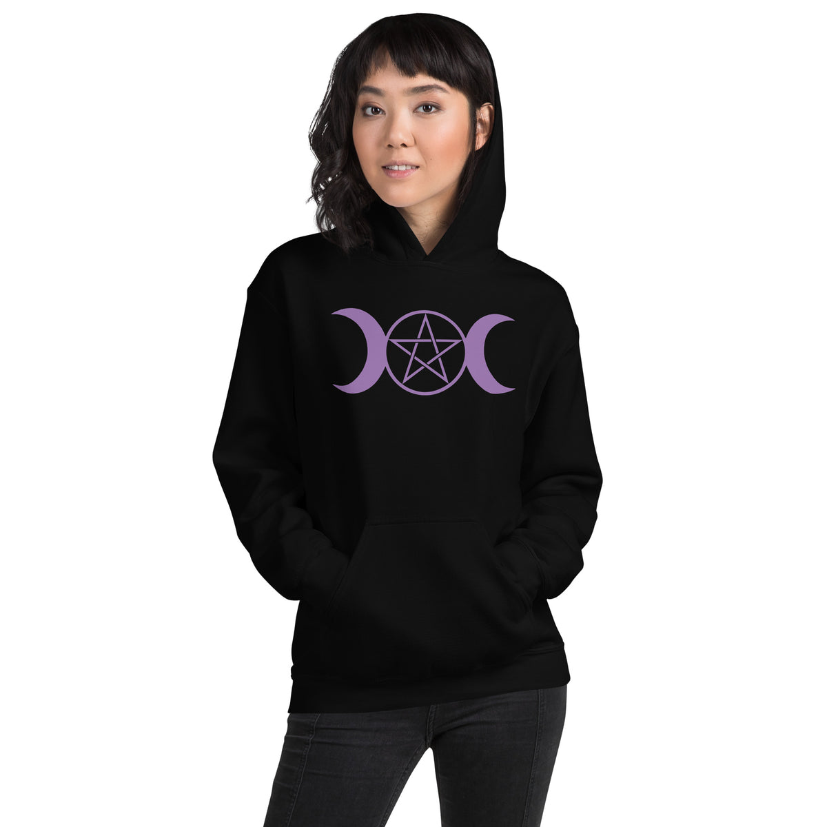 Purple Triple Moon Goddess design on unisex hoodie, front view