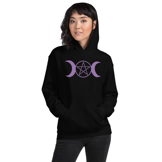 Purple Triple Moon Goddess design on unisex hoodie, front view