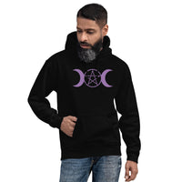 Purple Triple Moon Goddess design on unisex hoodie, front view